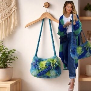 🛍️ Vintage boho Blue knit faux fur button embellished crossbody shoulder bag